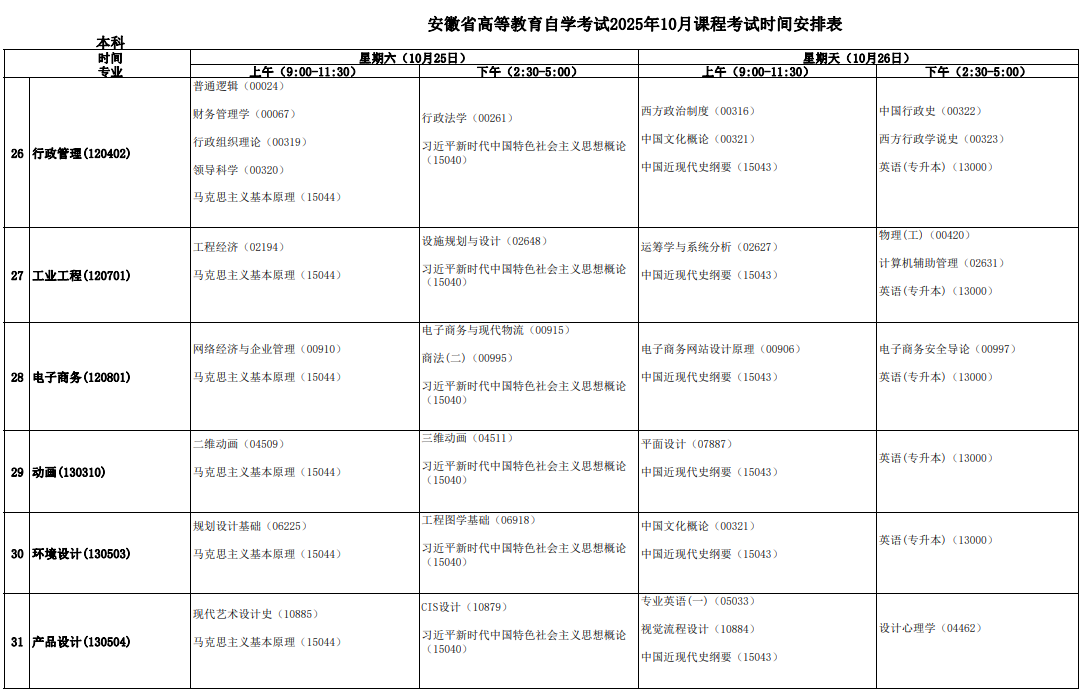 安徽省高等教育自学考试2025年10月课程考试时间安排表